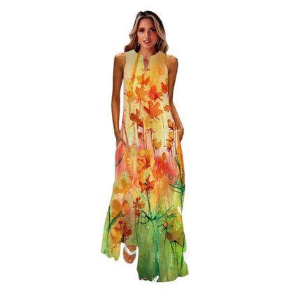 jinran Spring Summer Print Long Dress Women Beach Holiday Casual Fashion Elegant Dresses Party Sleeveless V Neck Maxi Dresses