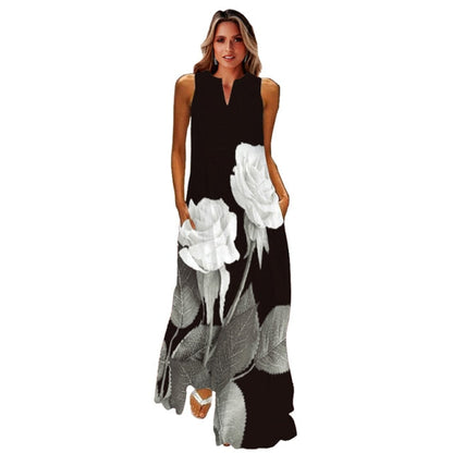 jinran Spring Summer Print Long Dress Women Beach Holiday Casual Fashion Elegant Dresses Party Sleeveless V Neck Maxi Dresses