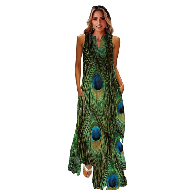jinran Spring Summer Print Long Dress Women Beach Holiday Casual Fashion Elegant Dresses Party Sleeveless V Neck Maxi Dresses