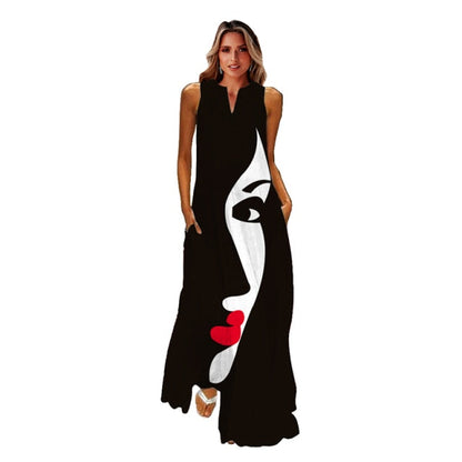jinran Spring Summer Print Long Dress Women Beach Holiday Casual Fashion Elegant Dresses Party Sleeveless V Neck Maxi Dresses