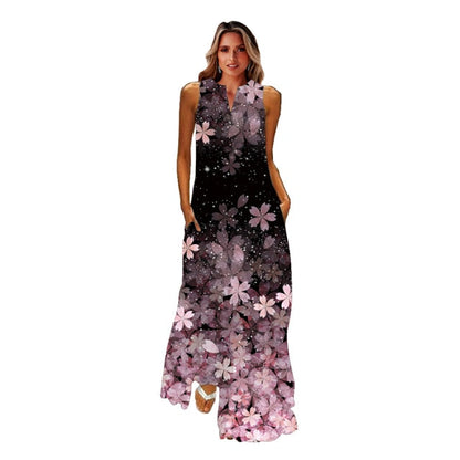 jinran Spring Summer Print Long Dress Women Beach Holiday Casual Fashion Elegant Dresses Party Sleeveless V Neck Maxi Dresses