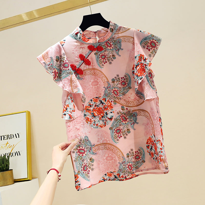 jinran Chinese Cheongsam Style Women Floral Chiffon Shirt 2022 Summer Blouse Ruffles Short Sleeve Shirts Tops Blusas A3252