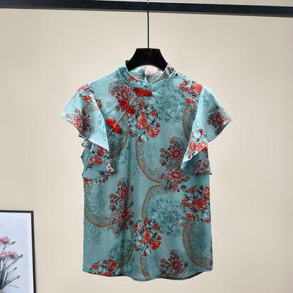 jinran Chinese Cheongsam Style Women Floral Chiffon Shirt 2022 Summer Blouse Ruffles Short Sleeve Shirts Tops Blusas A3252