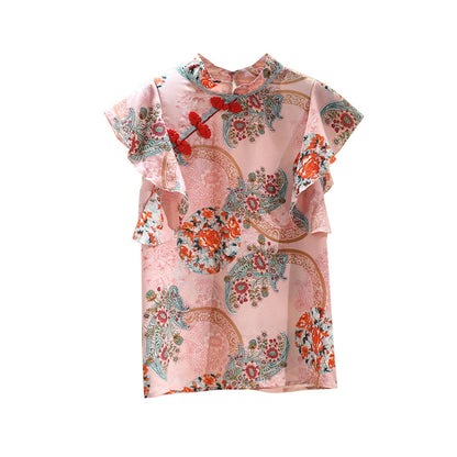 jinran Chinese Cheongsam Style Women Floral Chiffon Shirt 2022 Summer Blouse Ruffles Short Sleeve Shirts Tops Blusas A3252