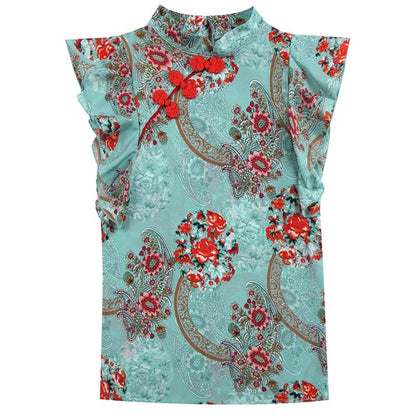 jinran Chinese Cheongsam Style Women Floral Chiffon Shirt 2022 Summer Blouse Ruffles Short Sleeve Shirts Tops Blusas A3252