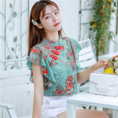 jinran Chinese Cheongsam Style Women Floral Chiffon Shirt 2022 Summer Blouse Ruffles Short Sleeve Shirts Tops Blusas A3252