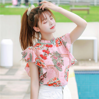 jinran Chinese Cheongsam Style Women Floral Chiffon Shirt 2022 Summer Blouse Ruffles Short Sleeve Shirts Tops Blusas A3252