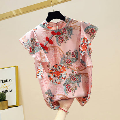 jinran Chinese Cheongsam Style Women Floral Chiffon Shirt 2022 Summer Blouse Ruffles Short Sleeve Shirts Tops Blusas A3252