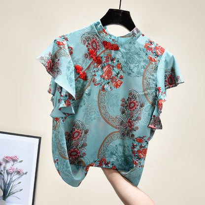 jinran Chinese Cheongsam Style Women Floral Chiffon Shirt 2022 Summer Blouse Ruffles Short Sleeve Shirts Tops Blusas A3252