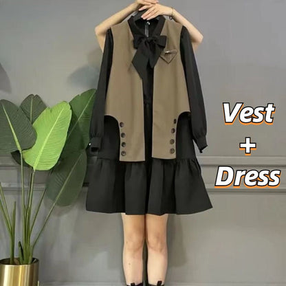 jinran Women&#39;s Plus Size Dress Sets Sweet Bow Long Sleeve A-line Dress Baggy Vest Two Piece Set Women Casual Style Elegant Skirt M-4XL