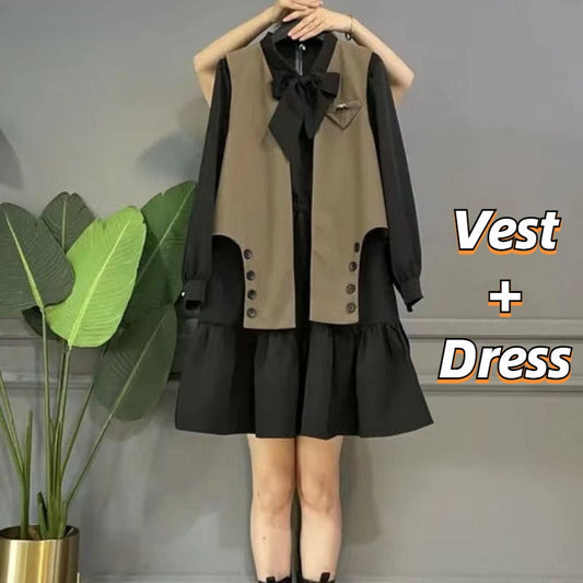 jinran Women&#39;s Plus Size Dress Sets Sweet Bow Long Sleeve A-line Dress Baggy Vest Two Piece Set Women Casual Style Elegant Skirt M-4XL