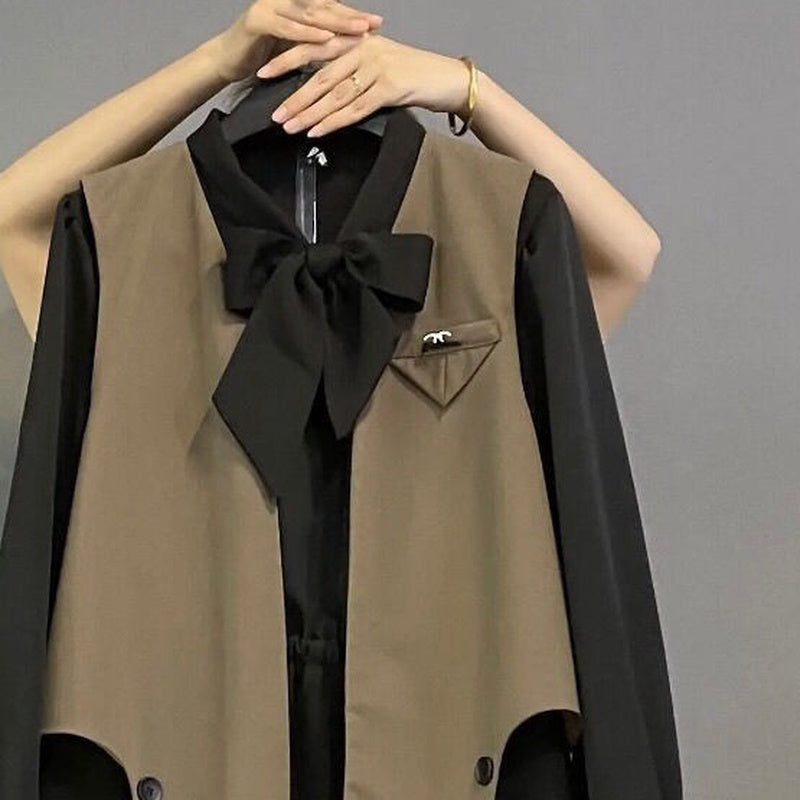 jinran Women&#39;s Plus Size Dress Sets Sweet Bow Long Sleeve A-line Dress Baggy Vest Two Piece Set Women Casual Style Elegant Skirt M-4XL