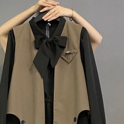 jinran Women&#39;s Plus Size Dress Sets Sweet Bow Long Sleeve A-line Dress Baggy Vest Two Piece Set Women Casual Style Elegant Skirt M-4XL