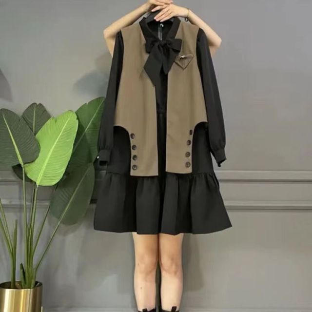 jinran Women&#39;s Plus Size Dress Sets Sweet Bow Long Sleeve A-line Dress Baggy Vest Two Piece Set Women Casual Style Elegant Skirt M-4XL