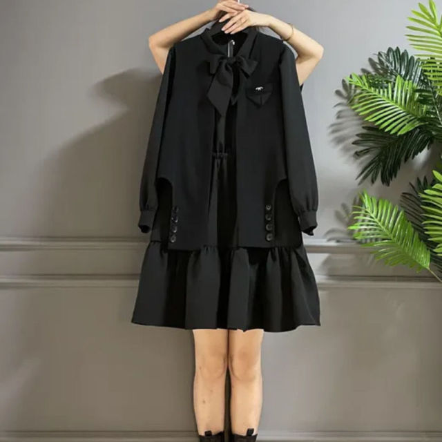 jinran Women&#39;s Plus Size Dress Sets Sweet Bow Long Sleeve A-line Dress Baggy Vest Two Piece Set Women Casual Style Elegant Skirt M-4XL