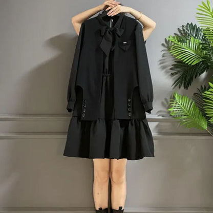 jinran Women&#39;s Plus Size Dress Sets Sweet Bow Long Sleeve A-line Dress Baggy Vest Two Piece Set Women Casual Style Elegant Skirt M-4XL