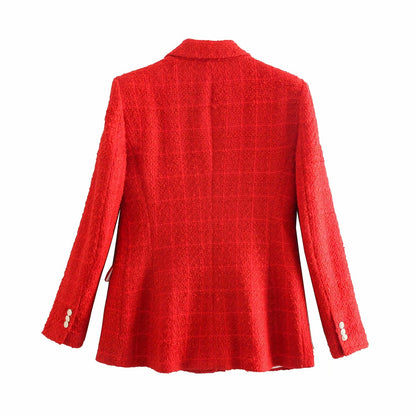 jinran 2022 Women New Casual Tweed Blazer Vintage Office Lady Autumn Jacket Coat double Breasted Outwear Female Chic Tops