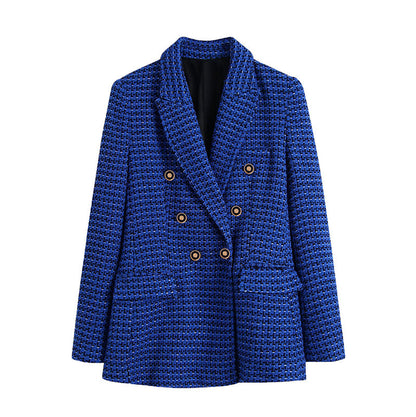 jinran 2022 Women New Casual Tweed Blazer Vintage Office Lady Autumn Jacket Coat double Breasted Outwear Female Chic Tops