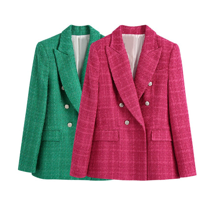 jinran 2022 Women New Casual Tweed Blazer Vintage Office Lady Autumn Jacket Coat double Breasted Outwear Female Chic Tops