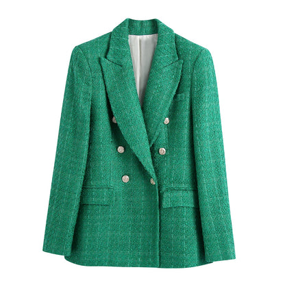 jinran 2022 Women New Casual Tweed Blazer Vintage Office Lady Autumn Jacket Coat double Breasted Outwear Female Chic Tops