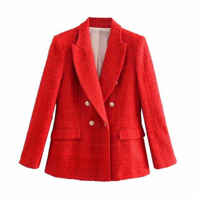 jinran 2022 Women New Casual Tweed Blazer Vintage Office Lady Autumn Jacket Coat double Breasted Outwear Female Chic Tops