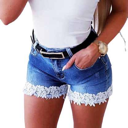 jinran Women&#39;s Denim Shorts Summer Solid Color Lace Stitching Shorts Sexy Vintage Slim Elastic Pocket High Waist Denim Straight Shorts