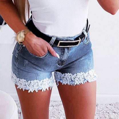 jinran Women&#39;s Denim Shorts Summer Solid Color Lace Stitching Shorts Sexy Vintage Slim Elastic Pocket High Waist Denim Straight Shorts