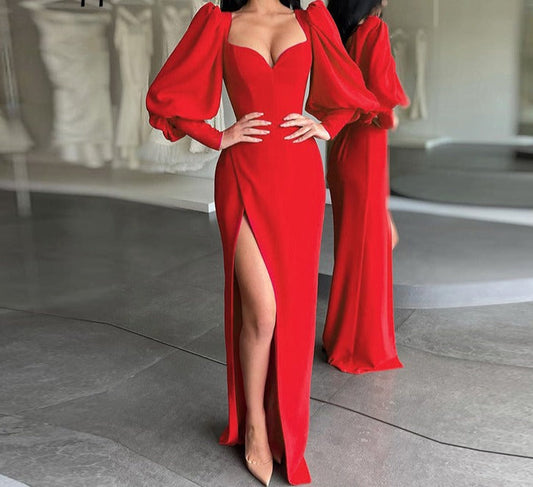 jinran Women&#39;s Dress Elegant Tunics Pull Sleeve High Split Evening Party Dresses Y2K Tight Long Maxi Formal Vestidos Red Black