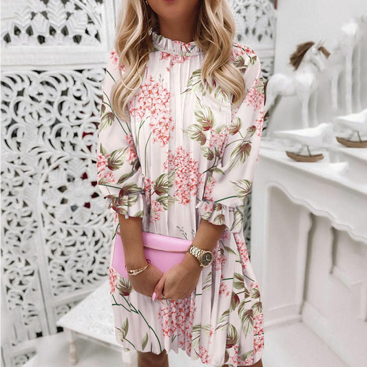 jinran Women&#39;s Spring And Autumn Dresses Fashion Ruffle O Neck Print Casual Loose Pleated Woman Mid Sleeve Pullover Tie Dye Dress 2022
