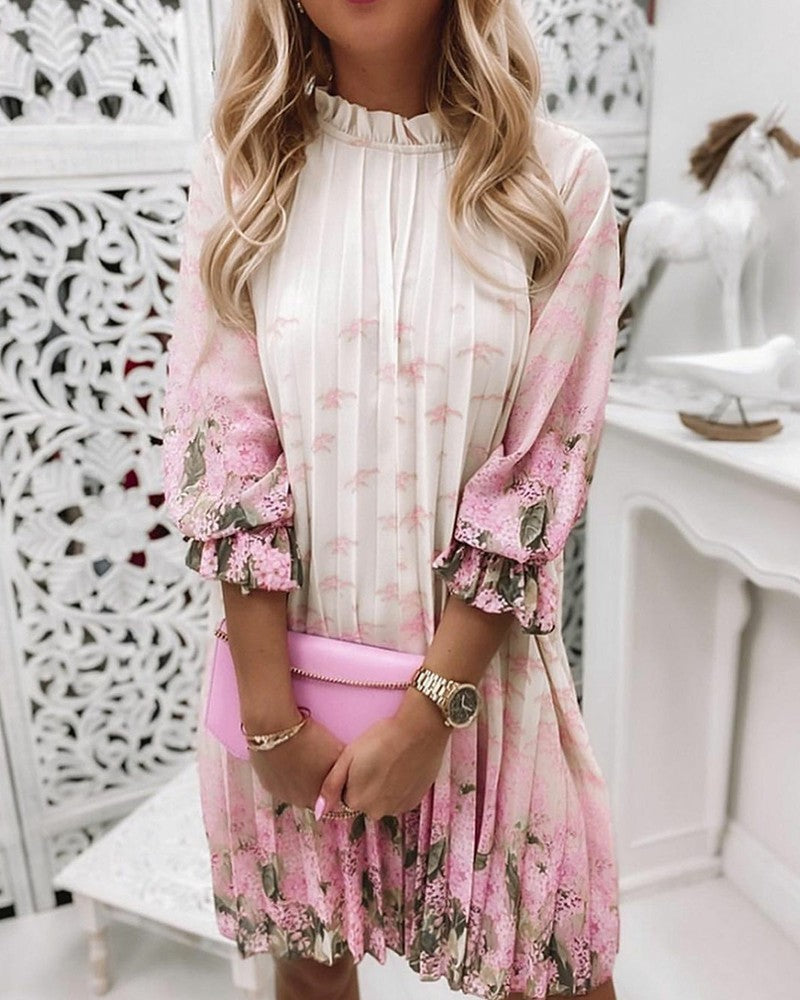 jinran Women&#39;s Spring And Autumn Dresses Fashion Ruffle O Neck Print Casual Loose Pleated Woman Mid Sleeve Pullover Tie Dye Dress 2022