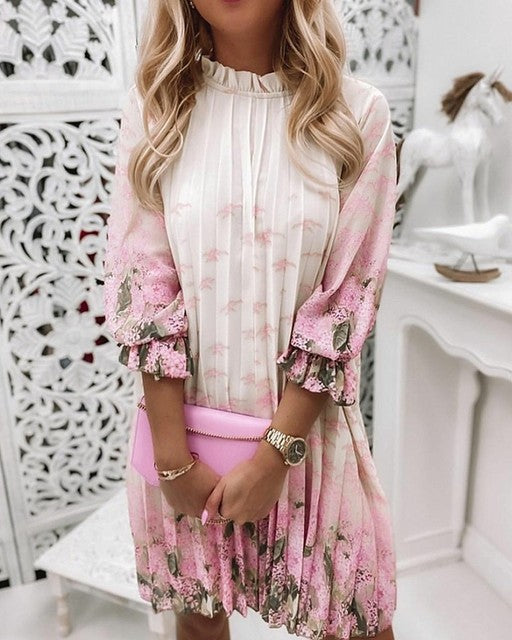 jinran Women&#39;s Spring And Autumn Dresses Fashion Ruffle O Neck Print Casual Loose Pleated Woman Mid Sleeve Pullover Tie Dye Dress 2022