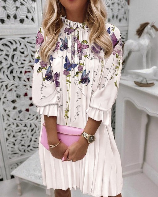 jinran Women&#39;s Spring And Autumn Dresses Fashion Ruffle O Neck Print Casual Loose Pleated Woman Mid Sleeve Pullover Tie Dye Dress 2022