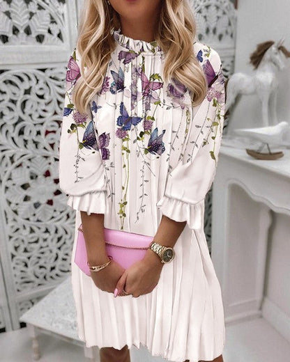jinran Women&#39;s Spring And Autumn Dresses Fashion Ruffle O Neck Print Casual Loose Pleated Woman Mid Sleeve Pullover Tie Dye Dress 2022