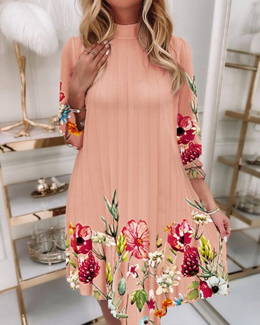 jinran Women&#39;s Spring And Autumn Dresses Fashion Ruffle O Neck Print Casual Loose Pleated Woman Mid Sleeve Pullover Tie Dye Dress 2022