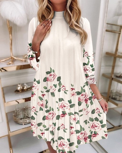 jinran Women&#39;s Spring And Autumn Dresses Fashion Ruffle O Neck Print Casual Loose Pleated Woman Mid Sleeve Pullover Tie Dye Dress 2022