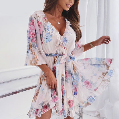 jinran Women&#39;s Floral Print Half Sleeve Sexy Mini Party Dress Backless Ruffle Spring Summer Dress 2022 Casual Female Clothing