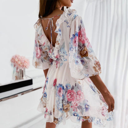 jinran Women&#39;s Floral Print Half Sleeve Sexy Mini Party Dress Backless Ruffle Spring Summer Dress 2022 Casual Female Clothing
