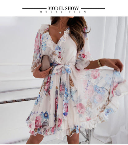 jinran Women&#39;s Floral Print Half Sleeve Sexy Mini Party Dress Backless Ruffle Spring Summer Dress 2022 Casual Female Clothing