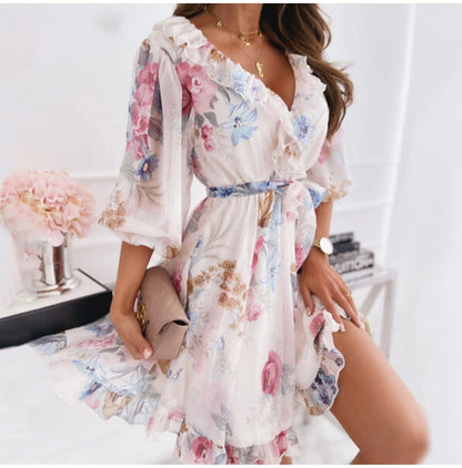 jinran Women&#39;s Floral Print Half Sleeve Sexy Mini Party Dress Backless Ruffle Spring Summer Dress 2022 Casual Female Clothing