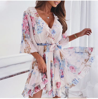 jinran Women&#39;s Floral Print Half Sleeve Sexy Mini Party Dress Backless Ruffle Spring Summer Dress 2022 Casual Female Clothing