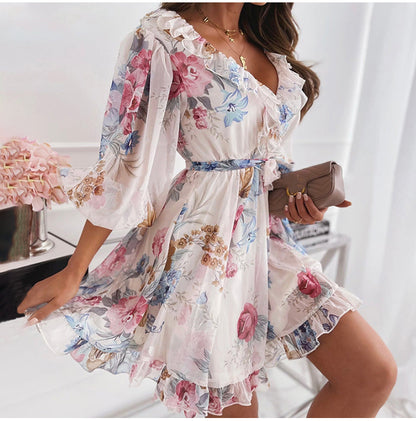 jinran Women&#39;s Floral Print Half Sleeve Sexy Mini Party Dress Backless Ruffle Spring Summer Dress 2022 Casual Female Clothing