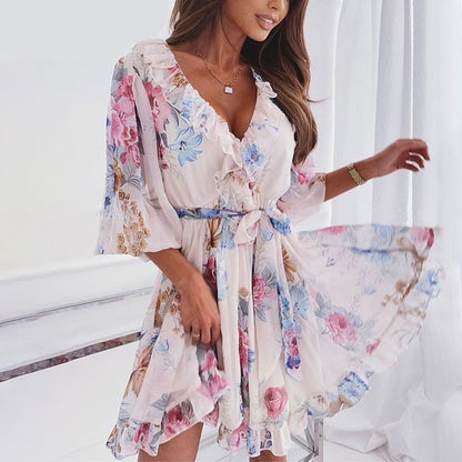 jinran Women&#39;s Floral Print Half Sleeve Sexy Mini Party Dress Backless Ruffle Spring Summer Dress 2022 Casual Female Clothing