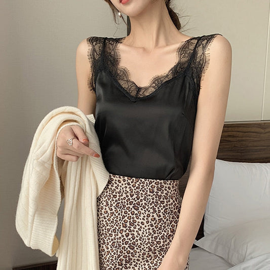 jinran Women&#39;s Satin Summer Tops For Women 2022 V Neck Basic Sleeveless Lace Tank Tops Women Summer Female Silk Top Plus Size White