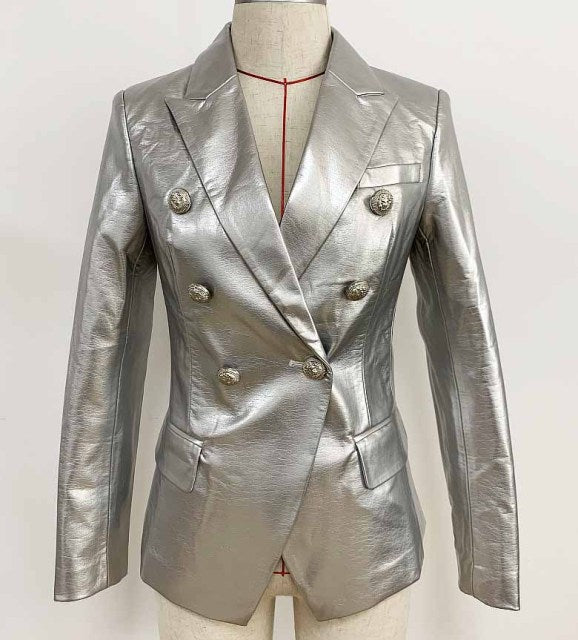 jinran Newest Baroque Fashion 2022 Designer Blazer Jacket Women&#39;s Lion Metal Buttons Faux Leather Blazer Outer Coat