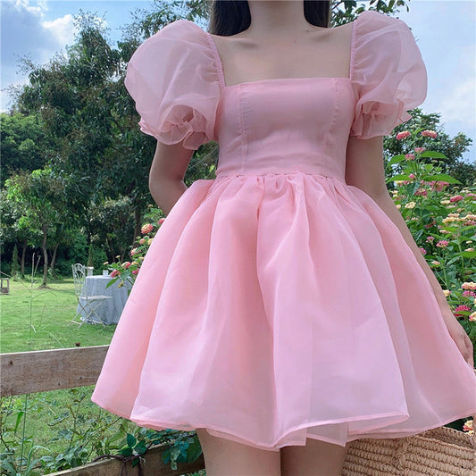 jinran Girls Sweet Pink Puff Sleeve Square Neck Mesh Puffy Dress Women&#39;s Summer 2022 New Princess Skirt Send Bow Party Club Mini Skirt