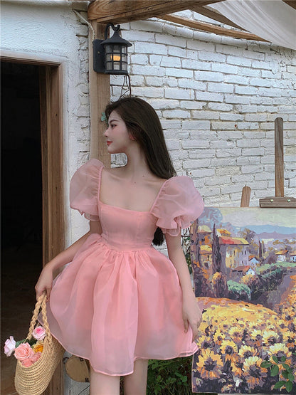 jinran Girls Sweet Pink Puff Sleeve Square Neck Mesh Puffy Dress Women&#39;s Summer 2022 New Princess Skirt Send Bow Party Club Mini Skirt