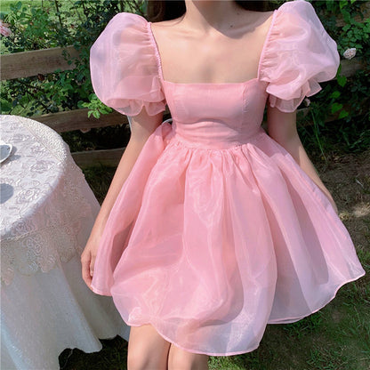 jinran Girls Sweet Pink Puff Sleeve Square Neck Mesh Puffy Dress Women&#39;s Summer 2022 New Princess Skirt Send Bow Party Club Mini Skirt