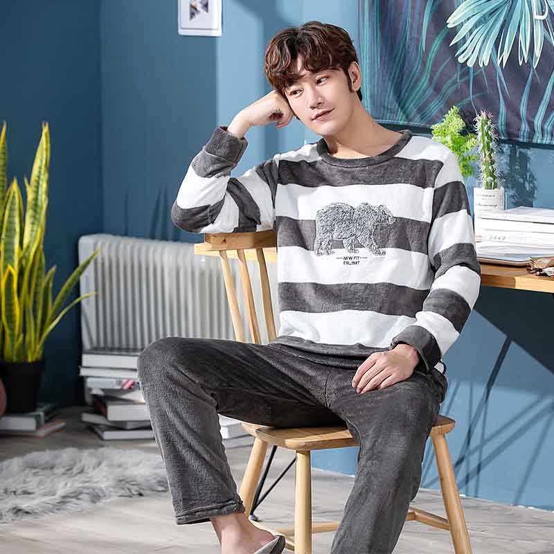 jinran New Style Men&#39;s Pajamas Set Autumn Winter Warm Flannel Thicken Male Pajamas Sets Long Sleeve Sleepwear Top +Pant Leisure