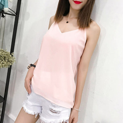 jinran Summer Korean Fashion Chiffon Women Camis Streetwear Sleeveless Black Female Tank Tops Slim Pink Shirt Spaghetti Strap Tank Top