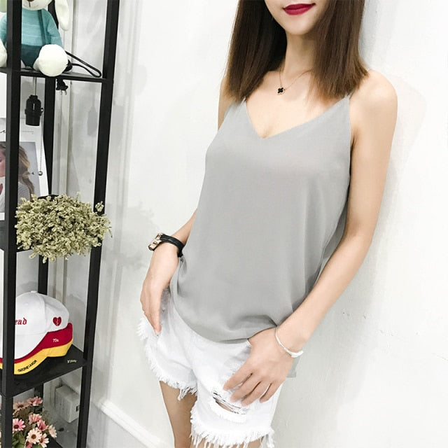 jinran Summer Korean Fashion Chiffon Women Camis Streetwear Sleeveless Black Female Tank Tops Slim Pink Shirt Spaghetti Strap Tank Top